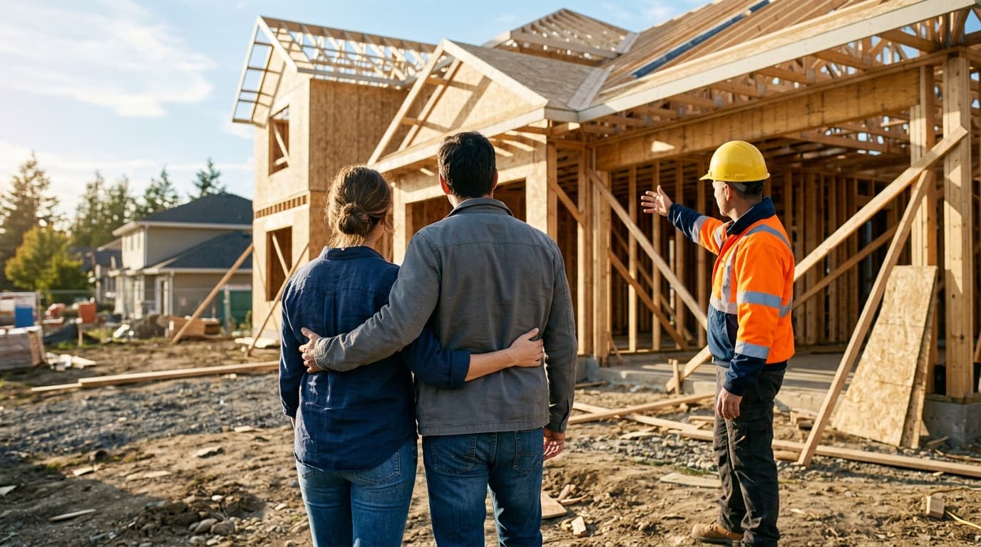 A couple reviewing plans with a contractor at a framed house